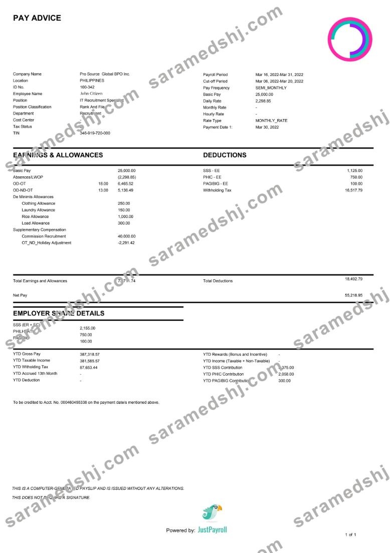 PHILIPPINES PRO Source Global BPO Inc. paystub in Word and PDF format